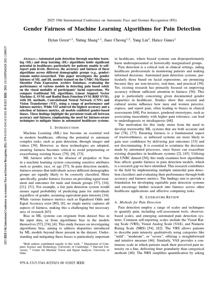 Gender Fairness of Machine Learning Algorithms For Pain Detection | PDF ...