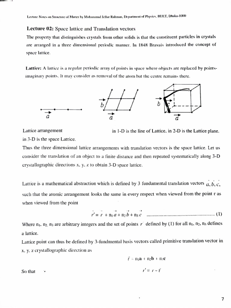 PHY-1201 (Lecture-02 - Space Lattice and Translation Vectors) | PDF