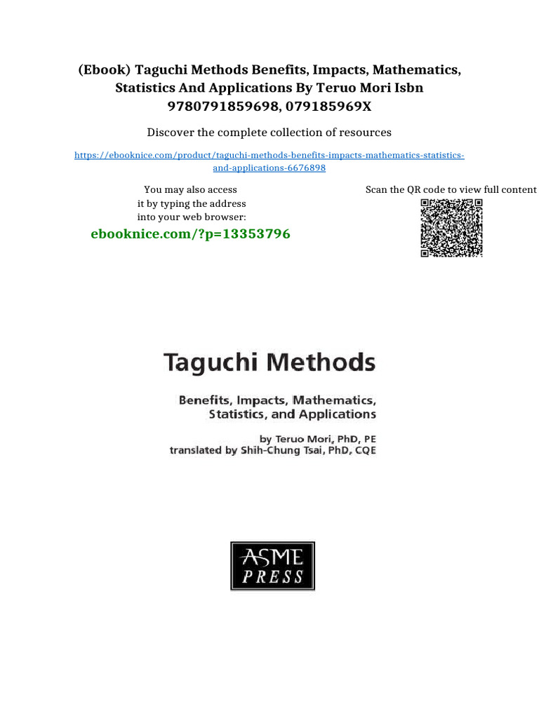 (Ebook) Taguchi Methods Benefits, Impacts, Mathematics, Statistics and ...