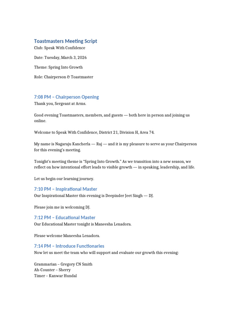 Updated Toastmasters Meeting Script March 3 2026 | PDF | Human ...