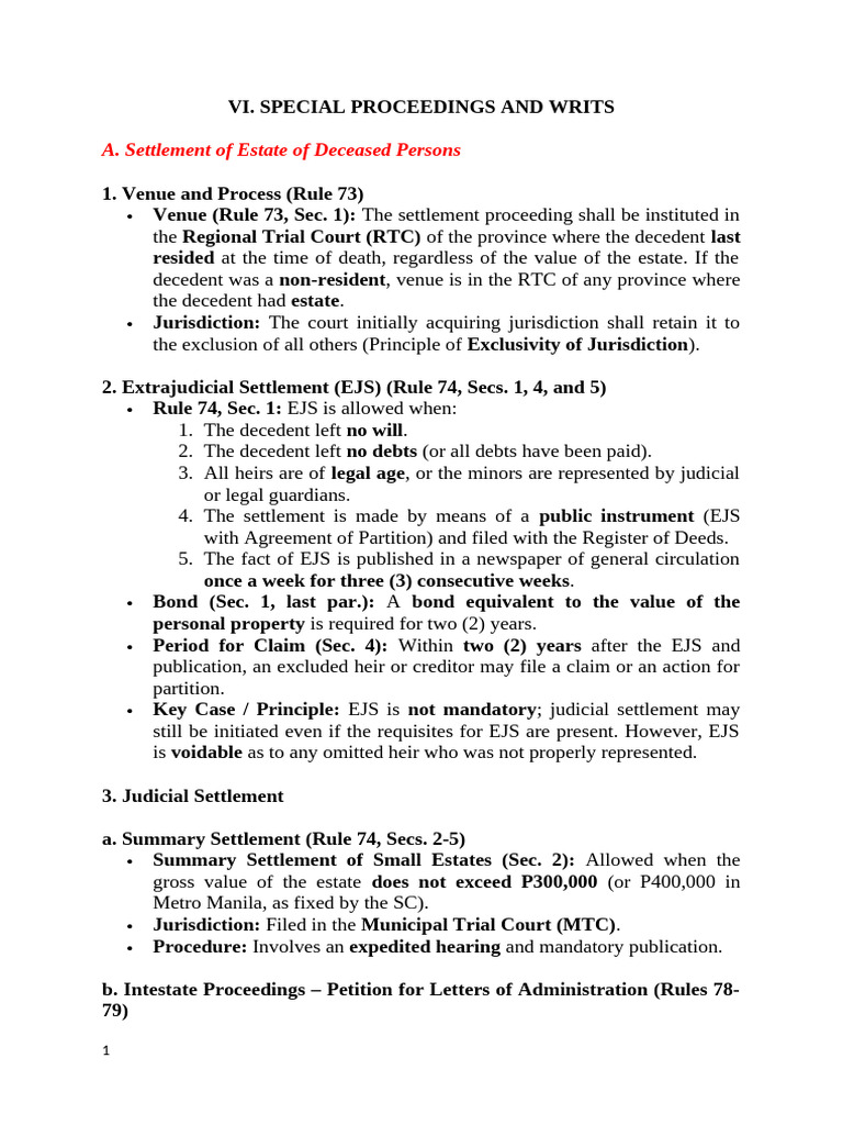VI. Special Proceedings and Writs | PDF | Probate | Habeas Corpus