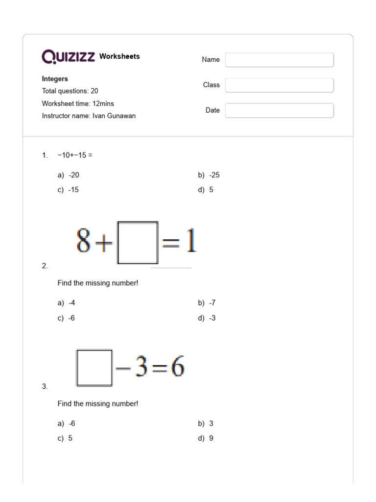 Integers - Quizizz With Ans | PDF | Subtraction | Chess Theory