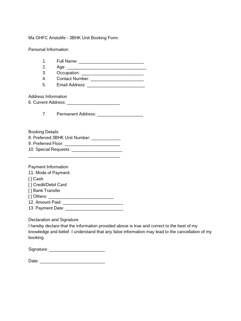 Ma GHFC Aristolife Booking Form | PDF