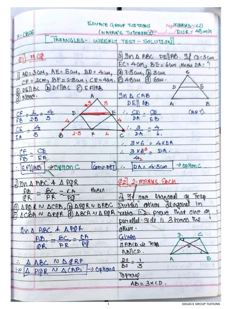 X Cbse Triangles Weekly Test Paper Solution | PDF