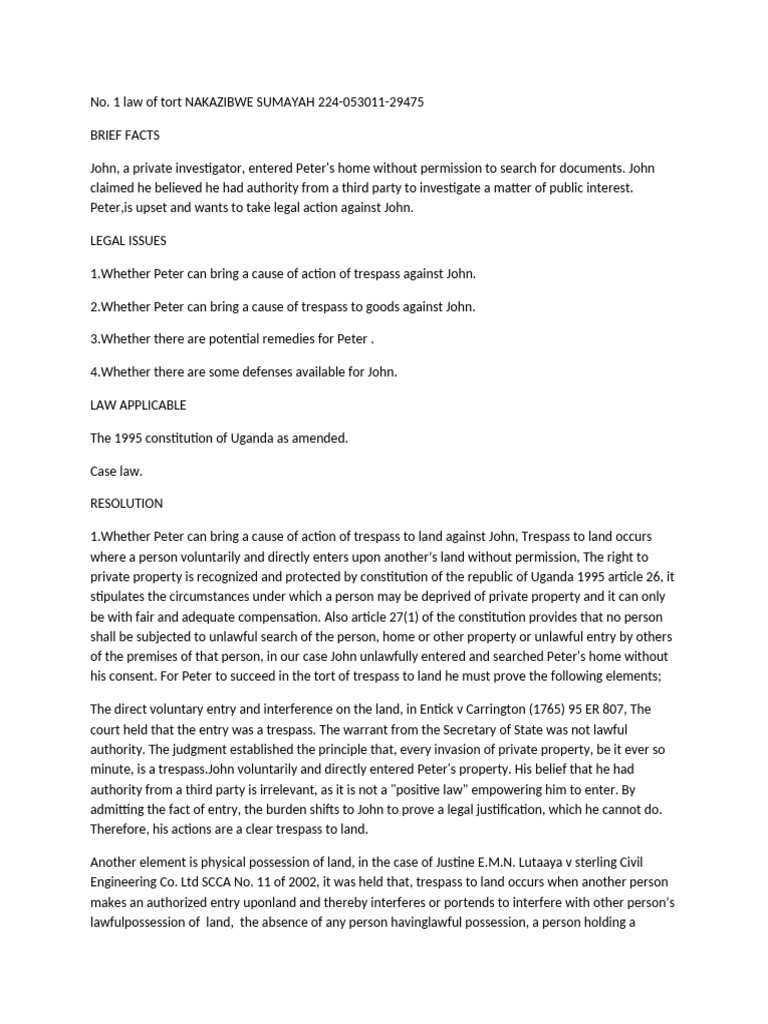 Law of Tort Test 29475 | PDF | Damages | Trespass