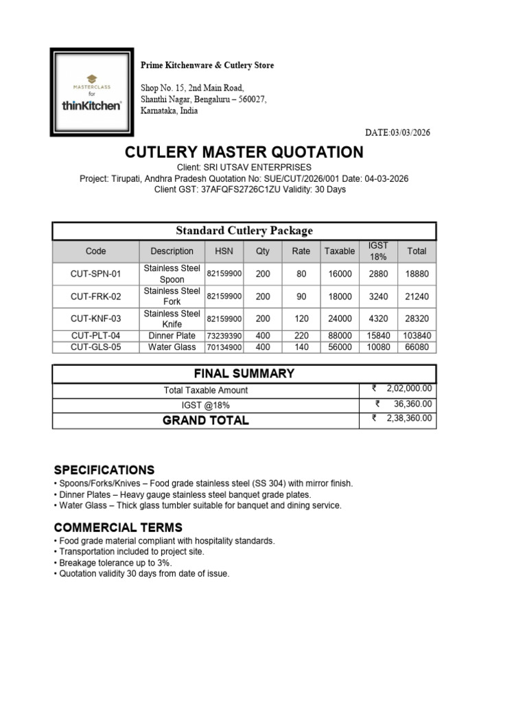 Cutlery Quotation Standard SUE CUT 2026 001 | PDF