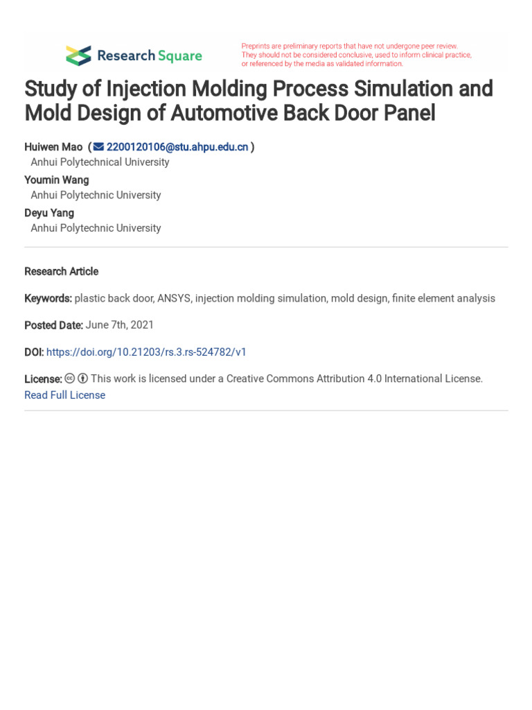 Study of Injection Molding Process Simulation and Mold 2q0qh1rp | PDF ...