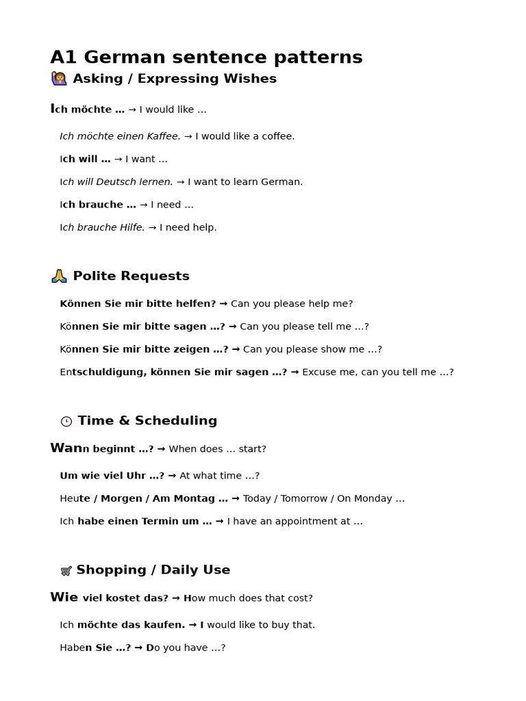 A1 German Sentence or Question Patterns | PDF