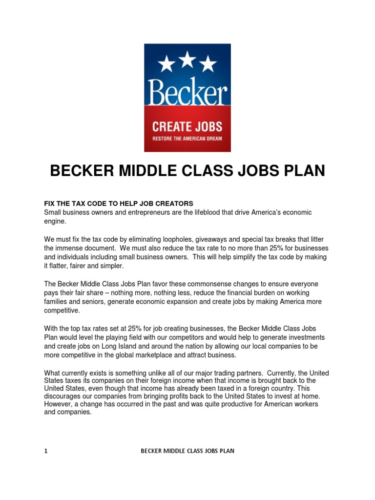 Becker Middle Class Jobs Plan PDF Food And Drug Administration