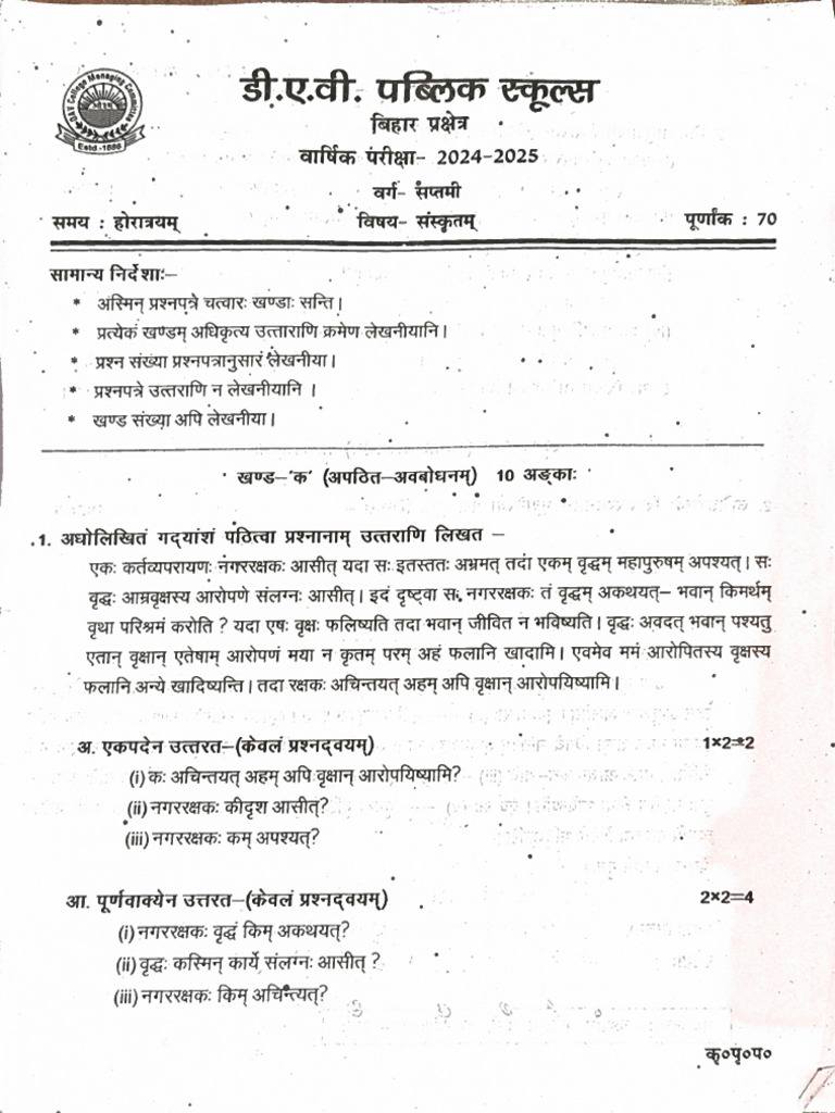 Dav Class VII Annual Question Paper 2024 - 2025 | PDF