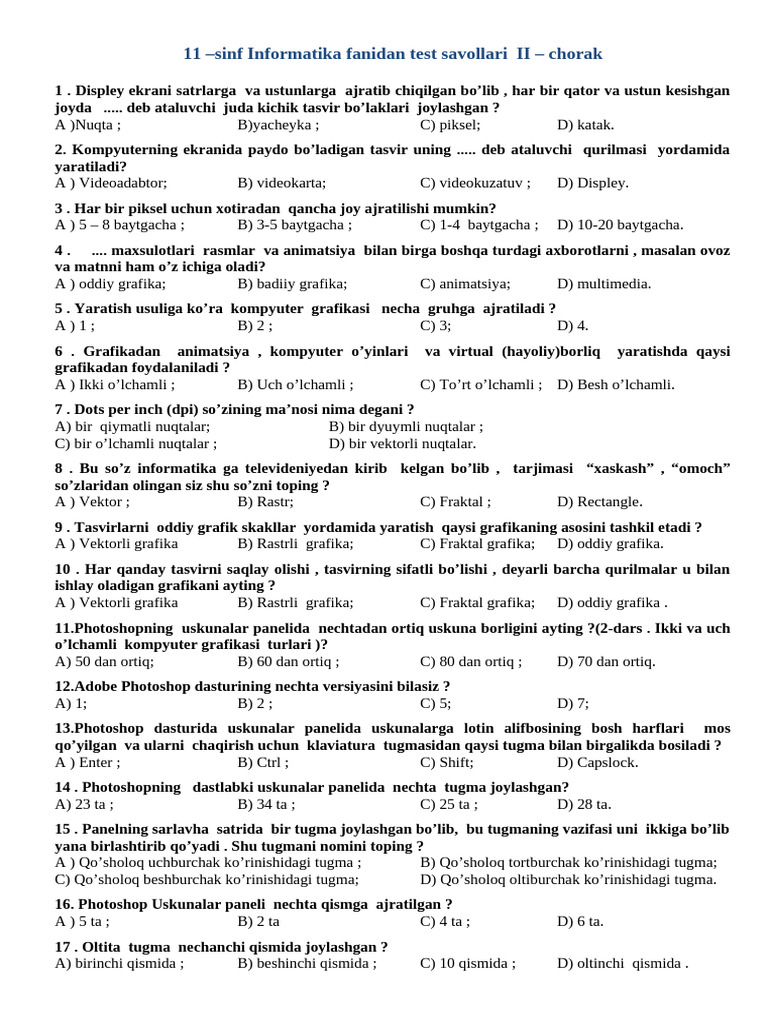 11 Sinf Informatika 2 Chorak | PDF