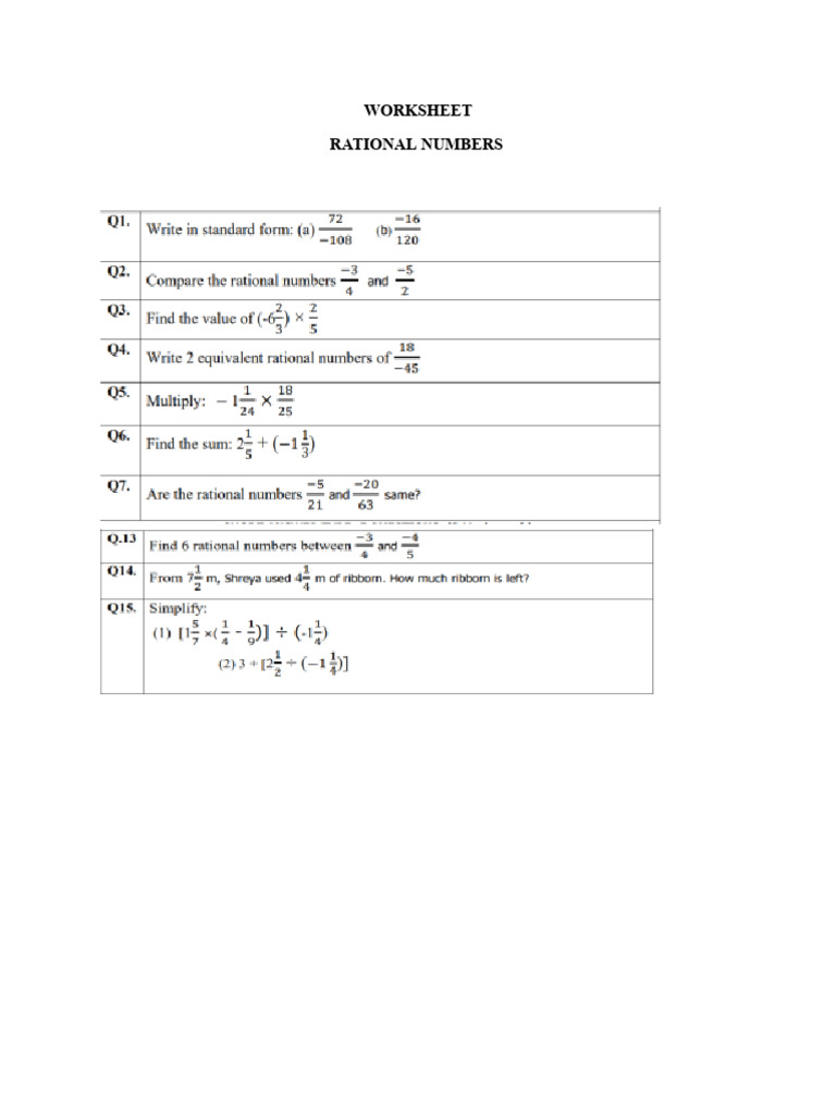 Worksheet (Rational Numbers) | PDF