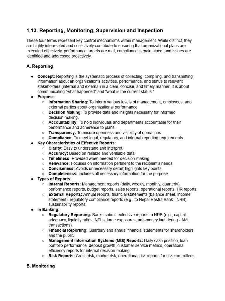 Mgmt1.13. Reporting, Monitoring, Supervision and Inspection | PDF ...