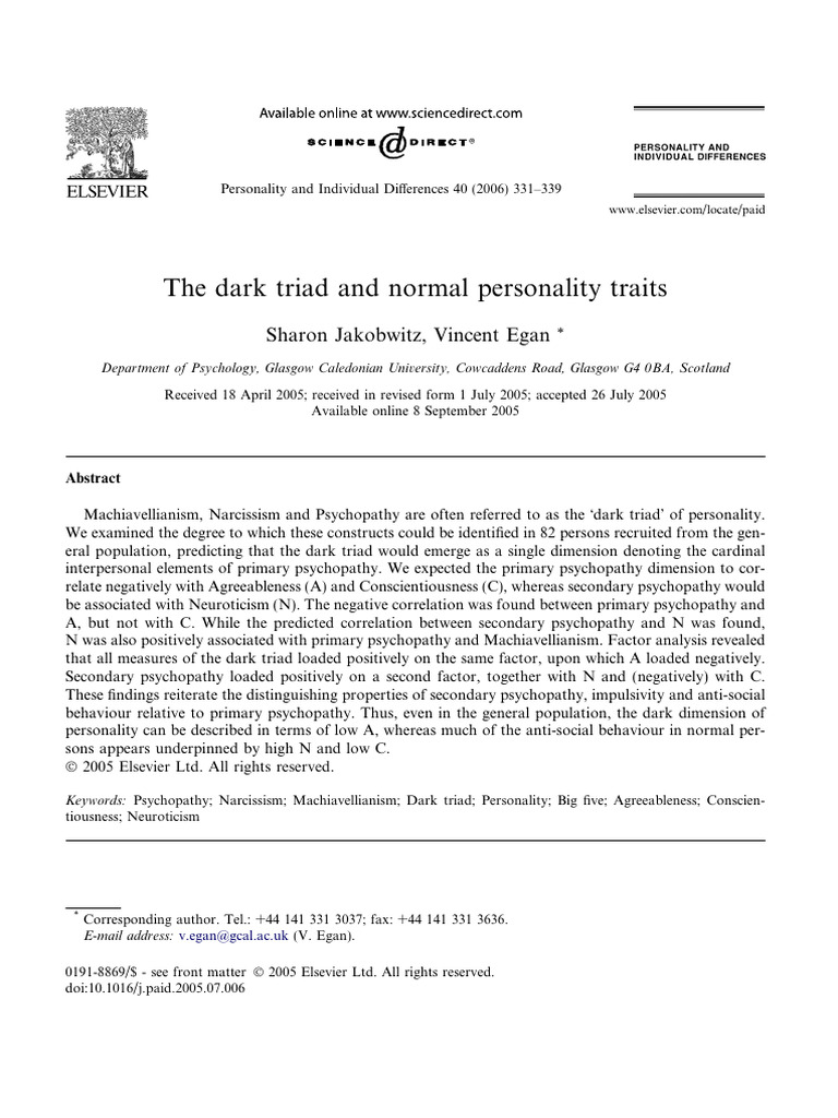 The Dark Triad and Personality | PDF | Dark Triad | Psychopathy