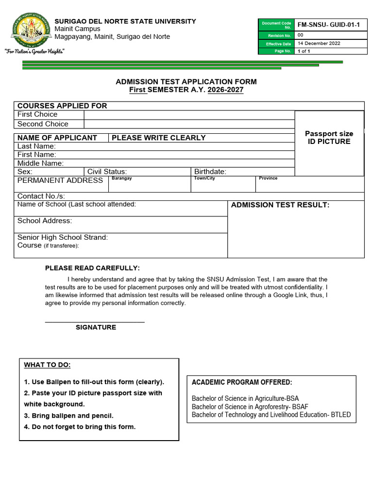 Admission Test Application Form | PDF