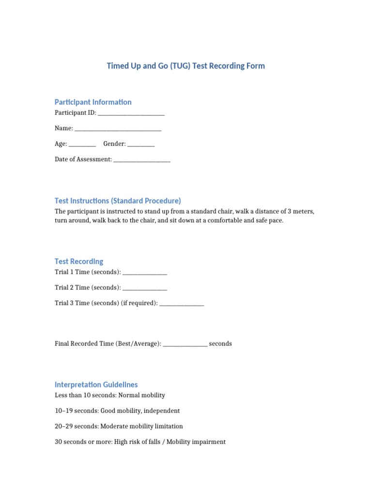 Timed Up and Go TUG Test Form | PDF