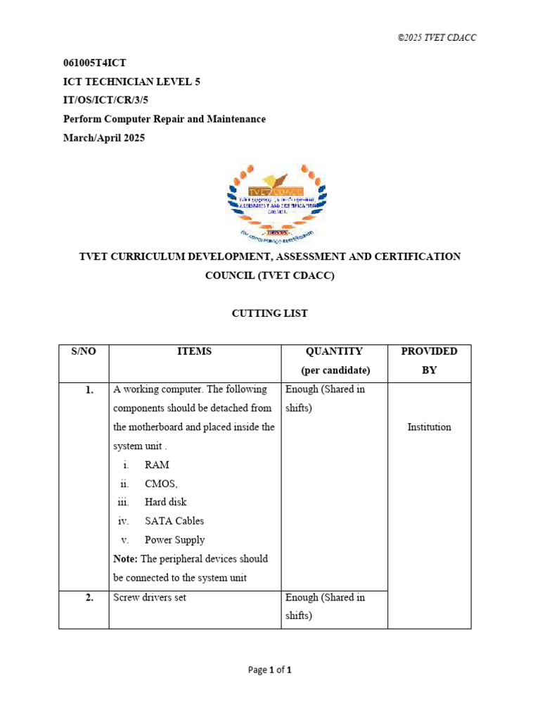 Cutting List Perform Computer Repair and Maintenance Level 5 | PDF