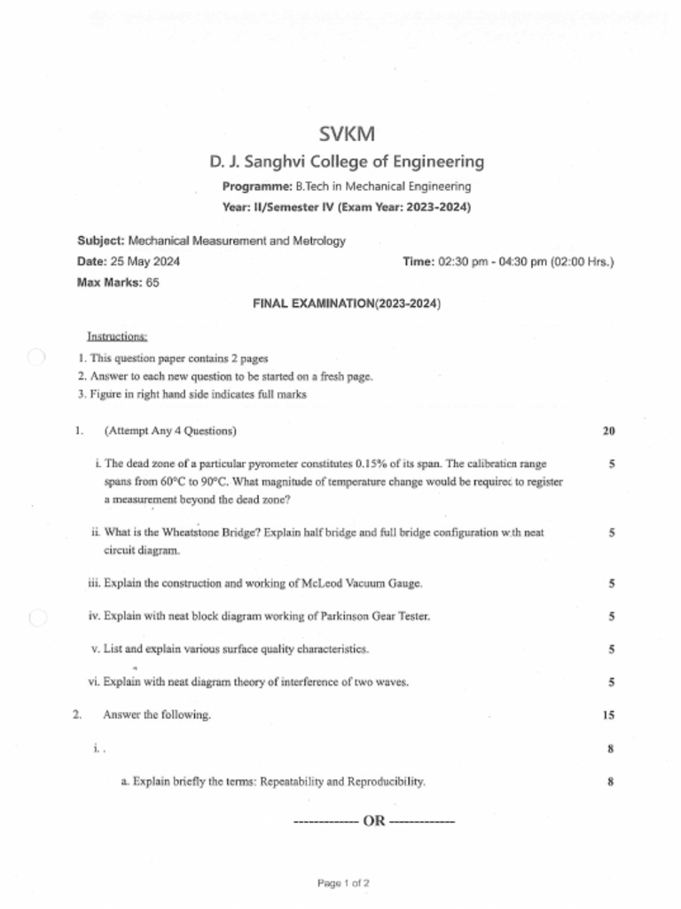 Mechanical Measurement and Metrology QP Mech Sem-IV | PDF