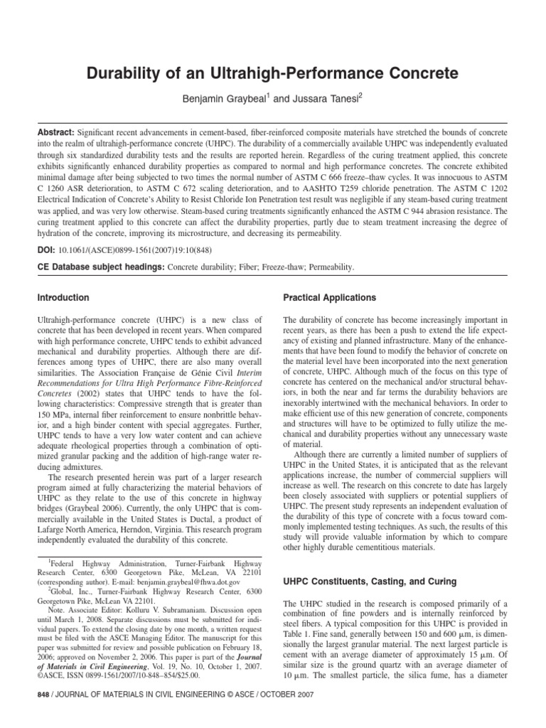 Durability of an Ultrahigh-Performance Concrete | PDF | Concrete | Cement