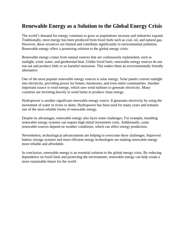 Renewable Energy As A Solution To The Global Energy Crisis | PDF