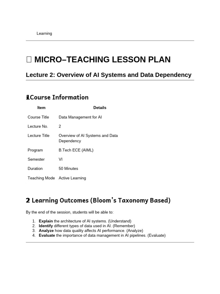 Micro-Teaching Lesson Plan _ Overview of AI Systems and Data Dependency ...