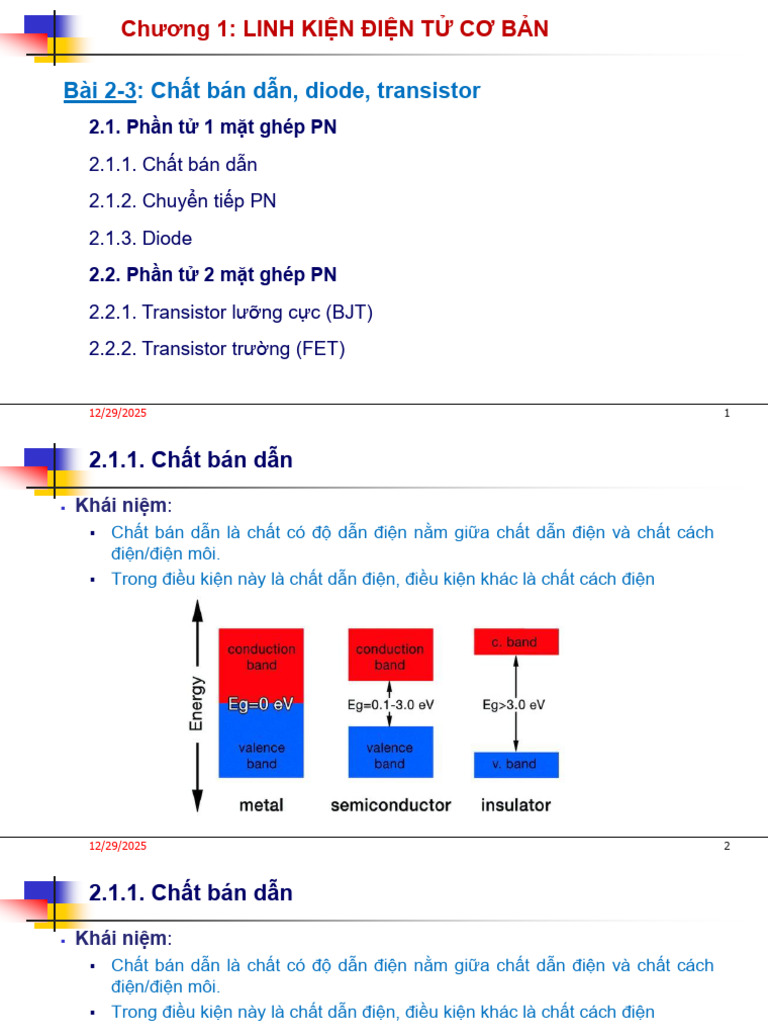Ch1 Bài 2,3 Chất Bd, Diode, Bjt, Fet | PDF