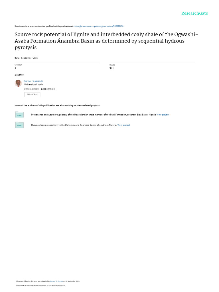 Akande Et Al 2015 - Source Rock Potential of Ogwashi-Asaba Lignite and ...