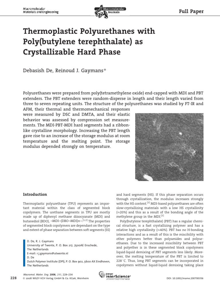 Thermoplastic Polyurethanes With Poly (Butylene Terephthalate) As ...
