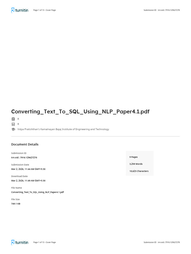 Converting Text to SQL Using NLP Paper4.1 Plagarismreport | PDF ...