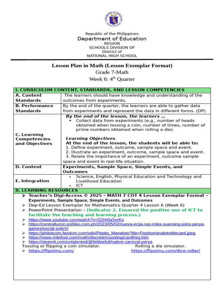 MATH 7 COT Q4 W6 Experiments Sample Space Simple Events and Outcomes LE ...