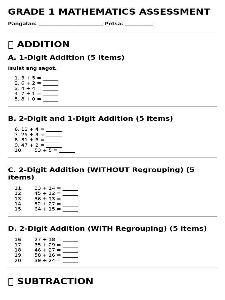 Grade 1 Mathematics Assessment | PDF