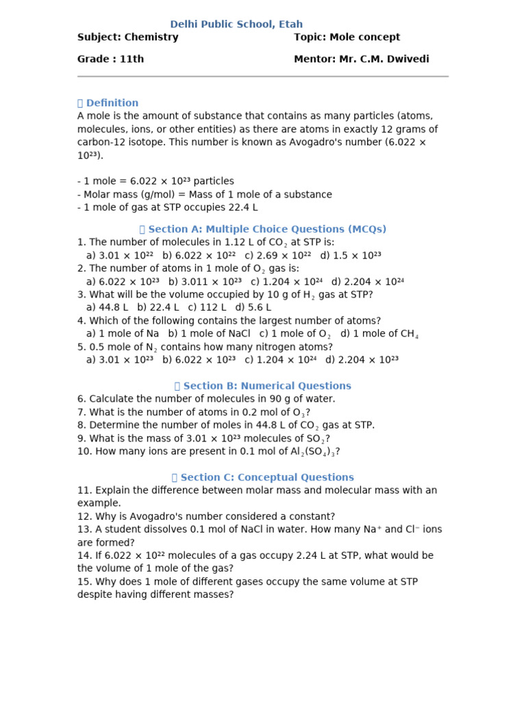 Mole - Concept - Worksheet - With - Answers PRINTED | PDF | Mole (Unit ...