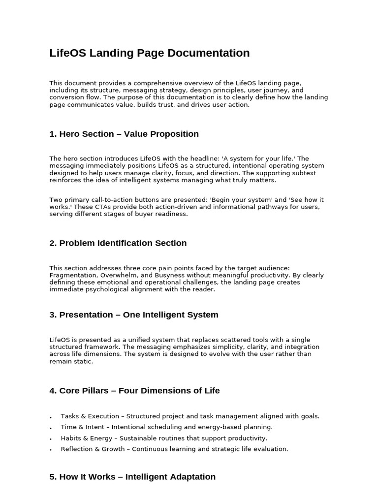 LifeOS Landing Page Documentation | PDF | Goal | Performance Indicator