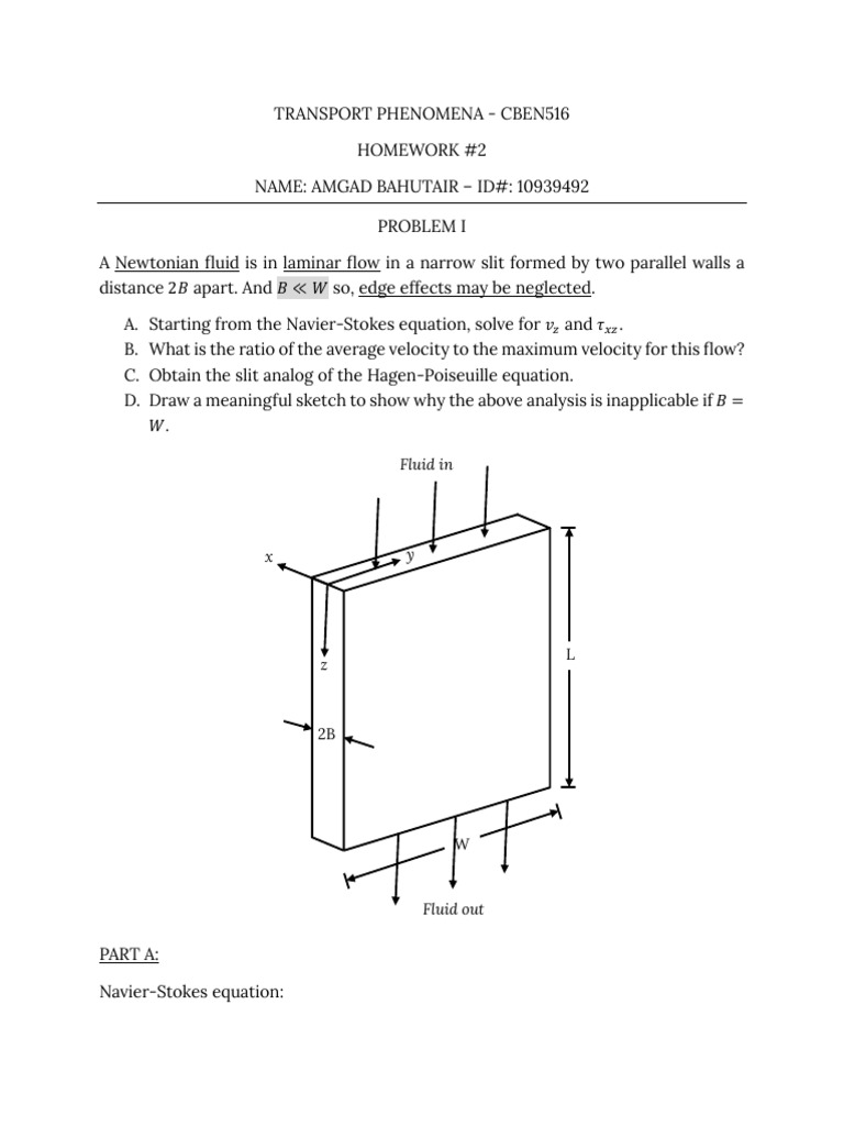 HW 2 - Transport Phenomena | PDF | Navier–Stokes Equations | Fluid Dynamics