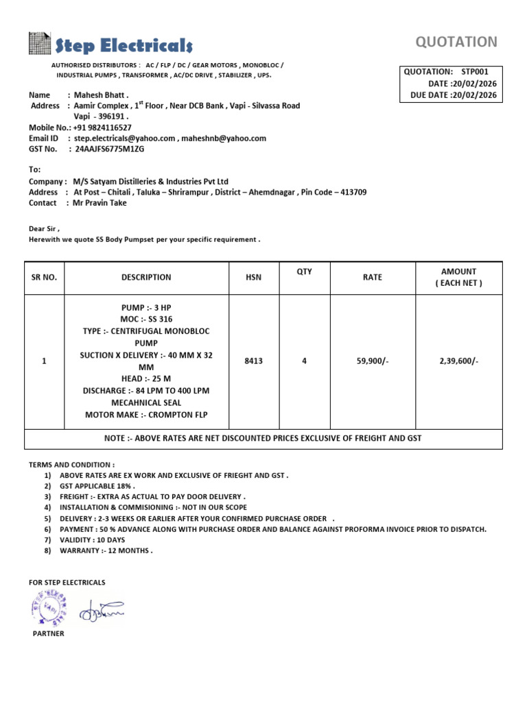 Quotation - Satyam Distilleries STP 001 | PDF | Electrical Engineering