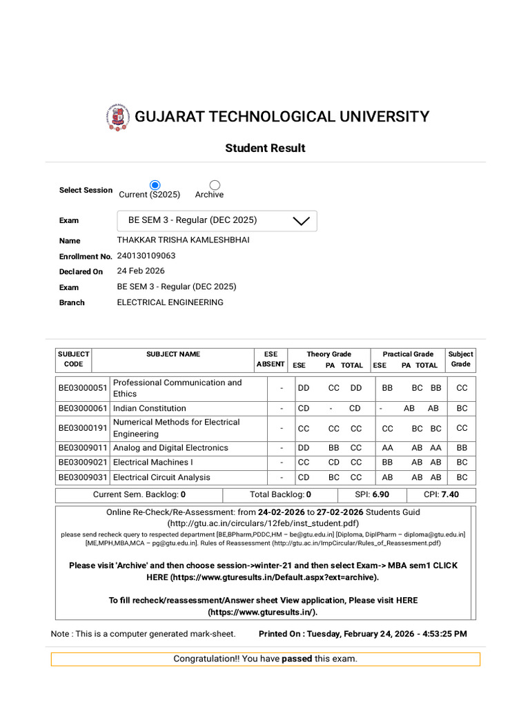 Sem 3 Result | PDF | Electromagnetism | Electrical Engineering