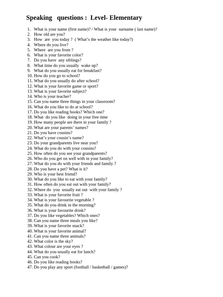 Speaking Questions Elementary | PDF