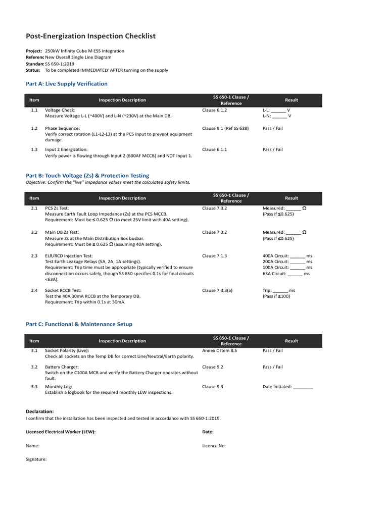 Post-Energization - Inspection - Checklist - Updated - XLSX - Google ...