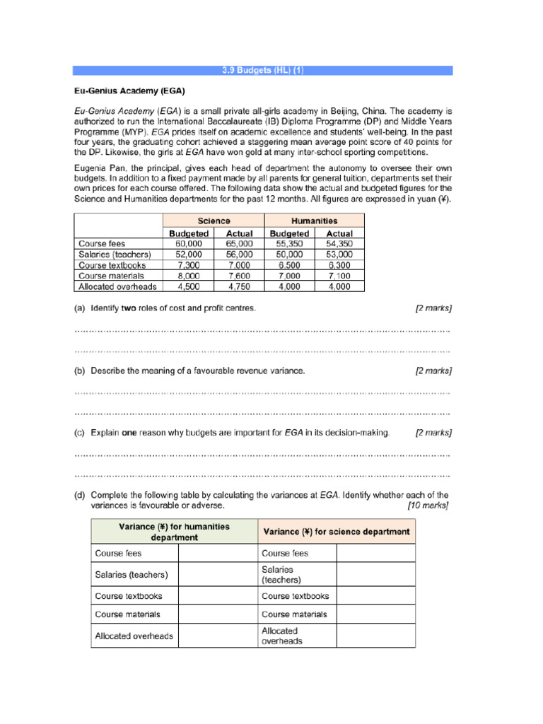 Budget Worksheet 1 Unit 3.9 | PDF