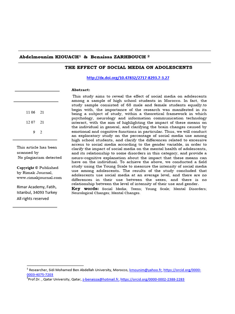 The Effect of Social Media On Adolescents | PDF