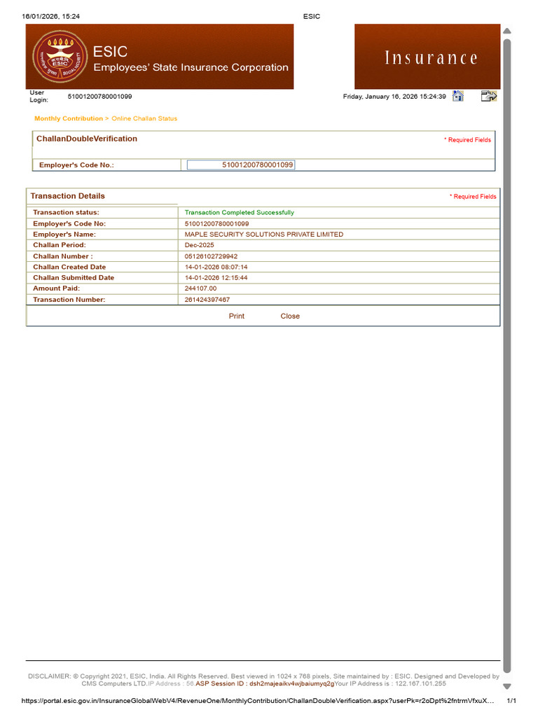 MP Esic Paid Challan December 2025 | PDF