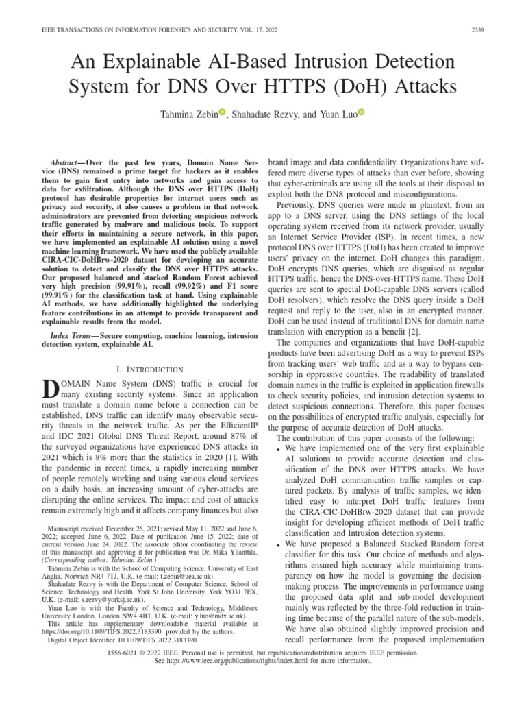 An Explainable AI-Based Intrusion Detection System For DNS Over HTTPS ...