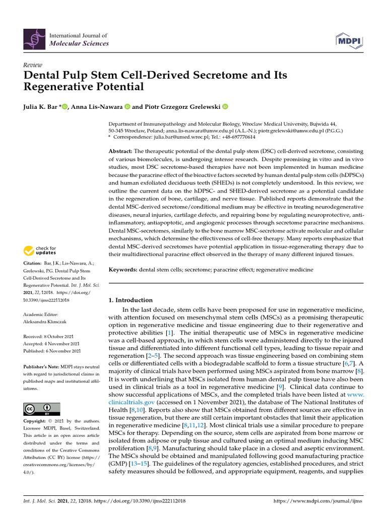 Bar 2021 Dental Pulp Stem Cell Derived Secre | PDF | Mesenchymal Stem ...