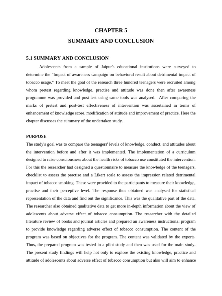 Chapter-5 Summary & Conclusion | PDF | Adolescence | Tobacco Smoking