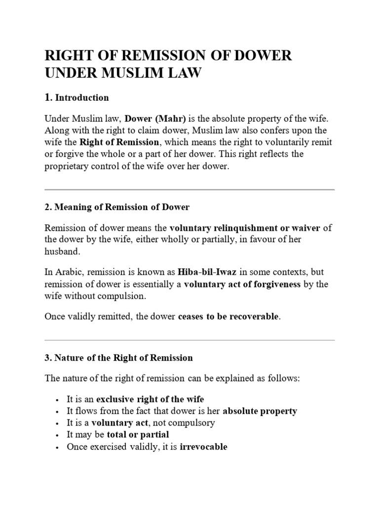 Right of Remission of Dower Under Muslim Law | PDF | Marriage | Justice