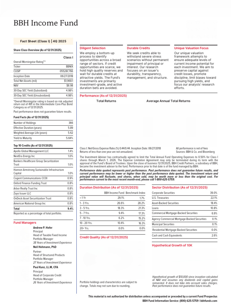 BBH Income Fund Fact Sheet Class I Q4 2025 (1) | PDF | Securitization ...