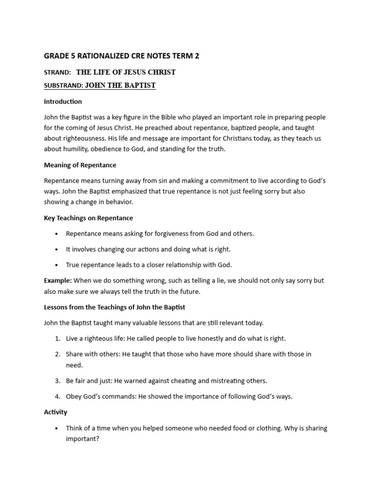 Grade 5 Rationalized CRE Notes Term 2 | PDF | Baptism | Jesus