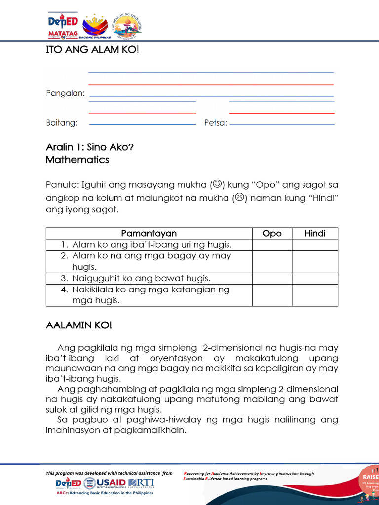 MATH Q1 L1 Worksheets | PDF