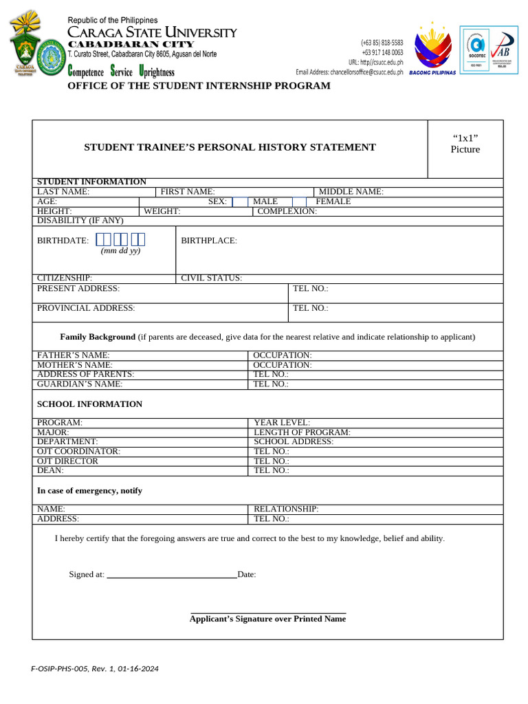 Student Trainees Personal History Statement F Osip Phs 005 Rev.1 | PDF