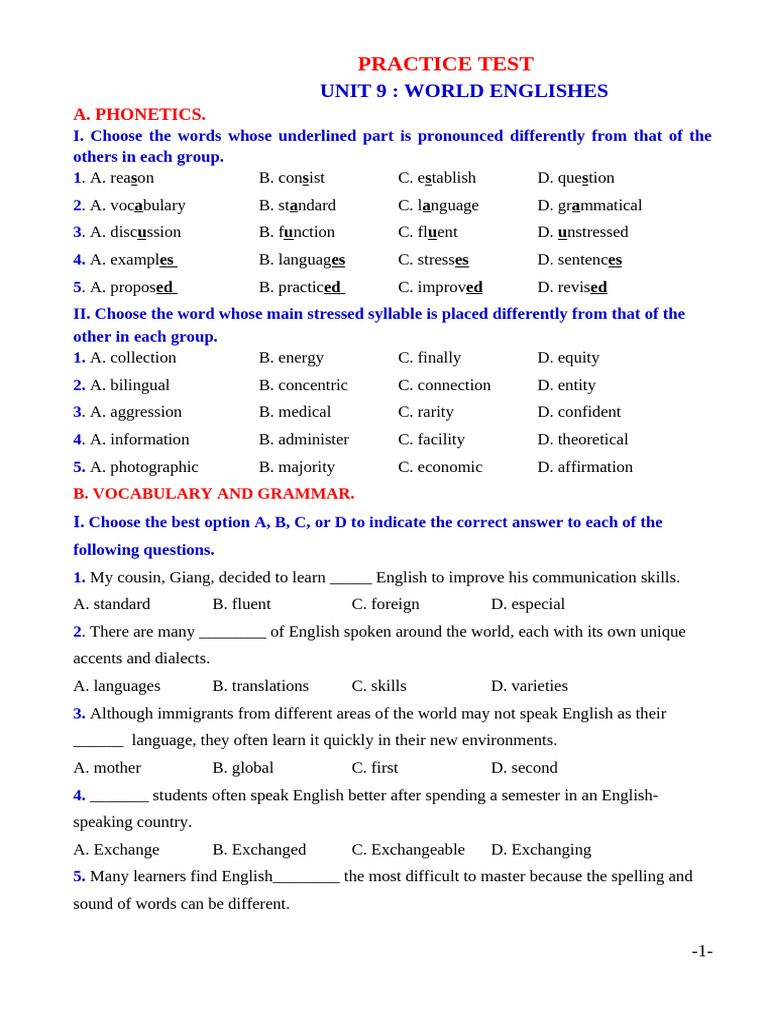 Practice Test - Unit 9 (File HS) | PDF | Stress (Linguistics) | English ...